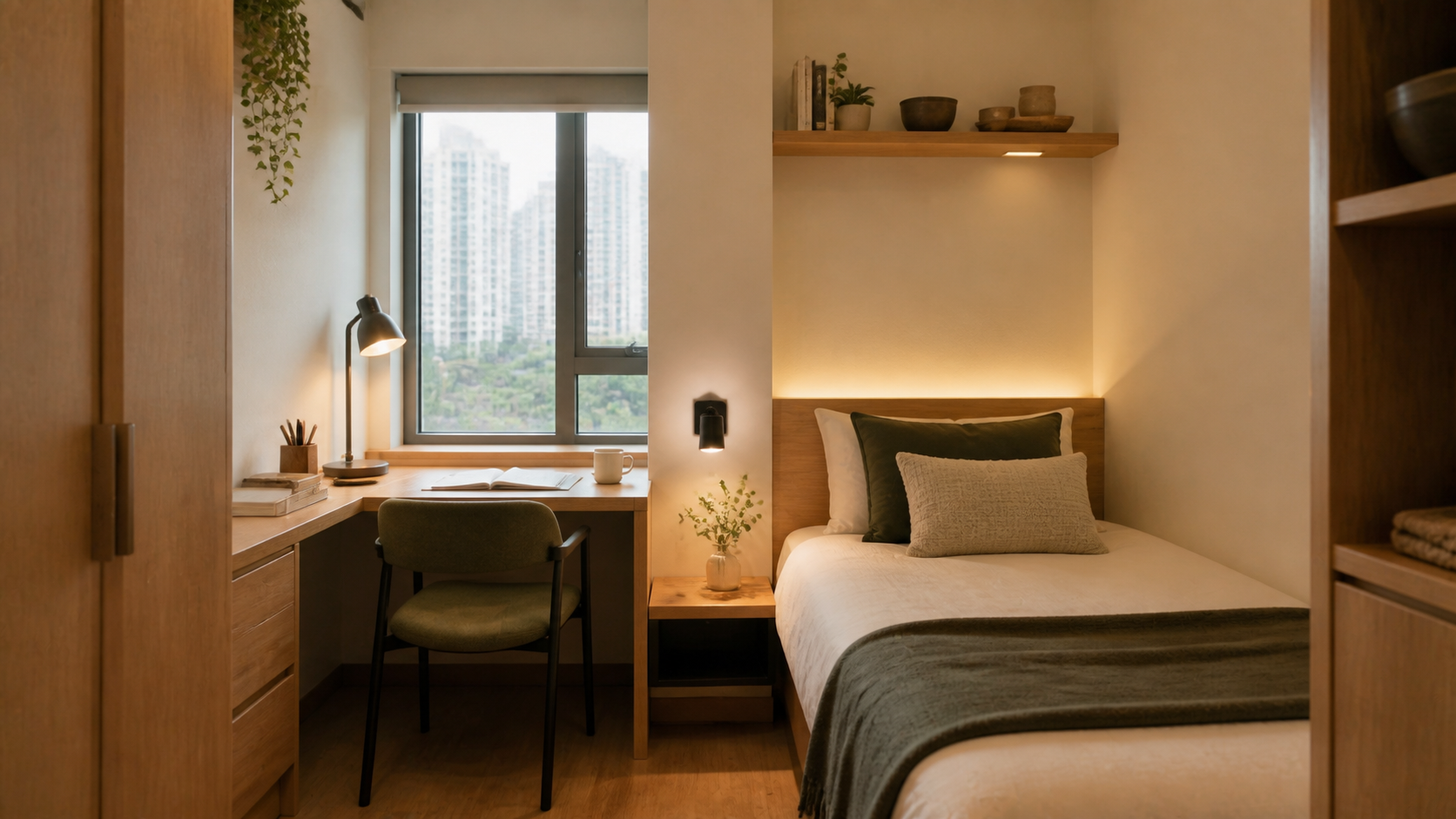 Student bedroom with timber desk, reading lamp and green upholstery