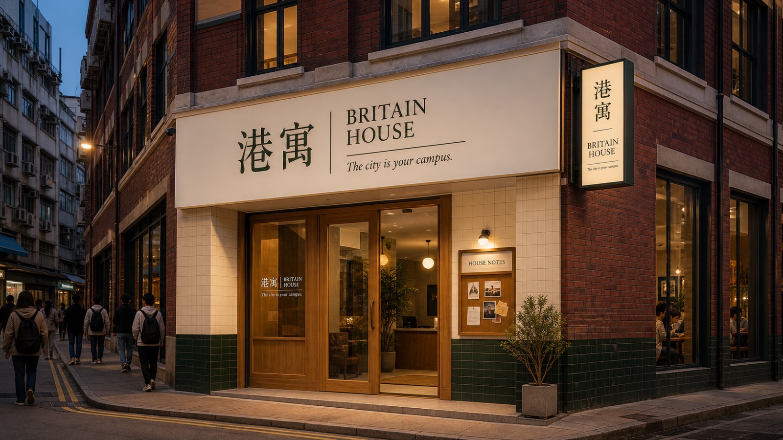 Britain House street entrance with Convia 港寓 signage