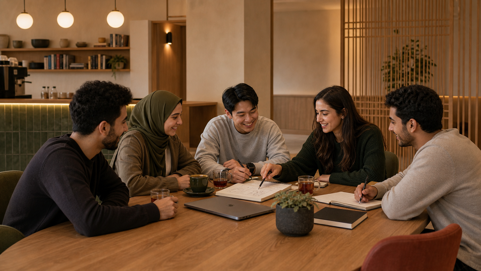 Residents talking around a long timber table in a Convia common room