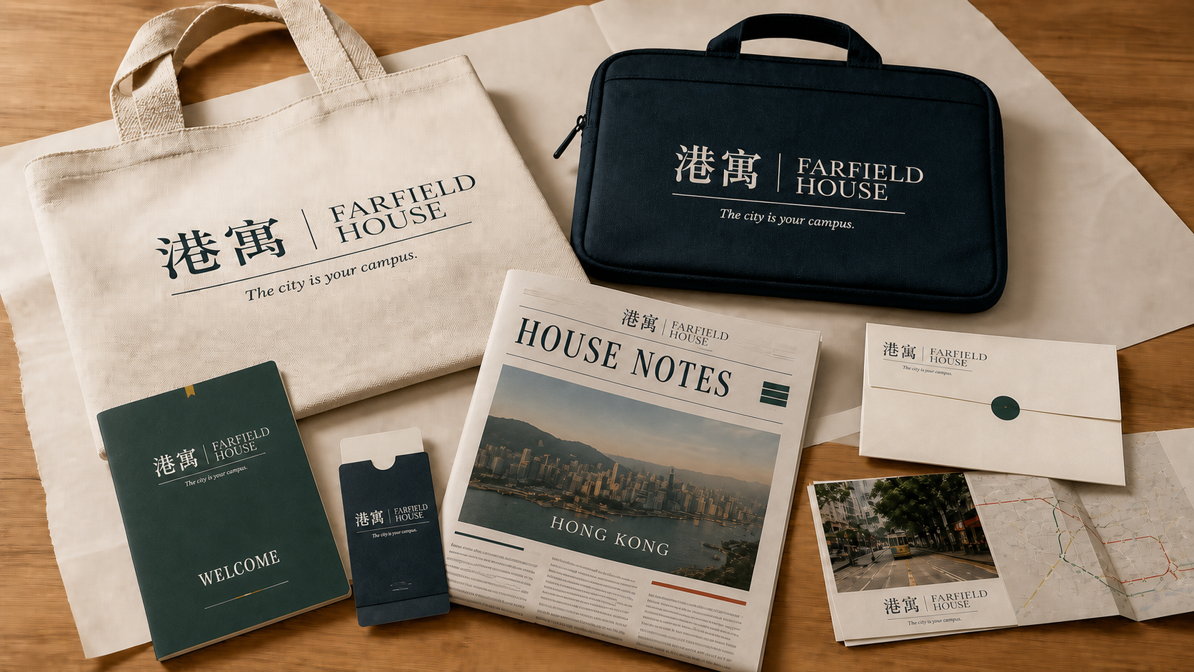 Convia 港寓 welcome pack, House Notes newspaper, tote bag and printed materials