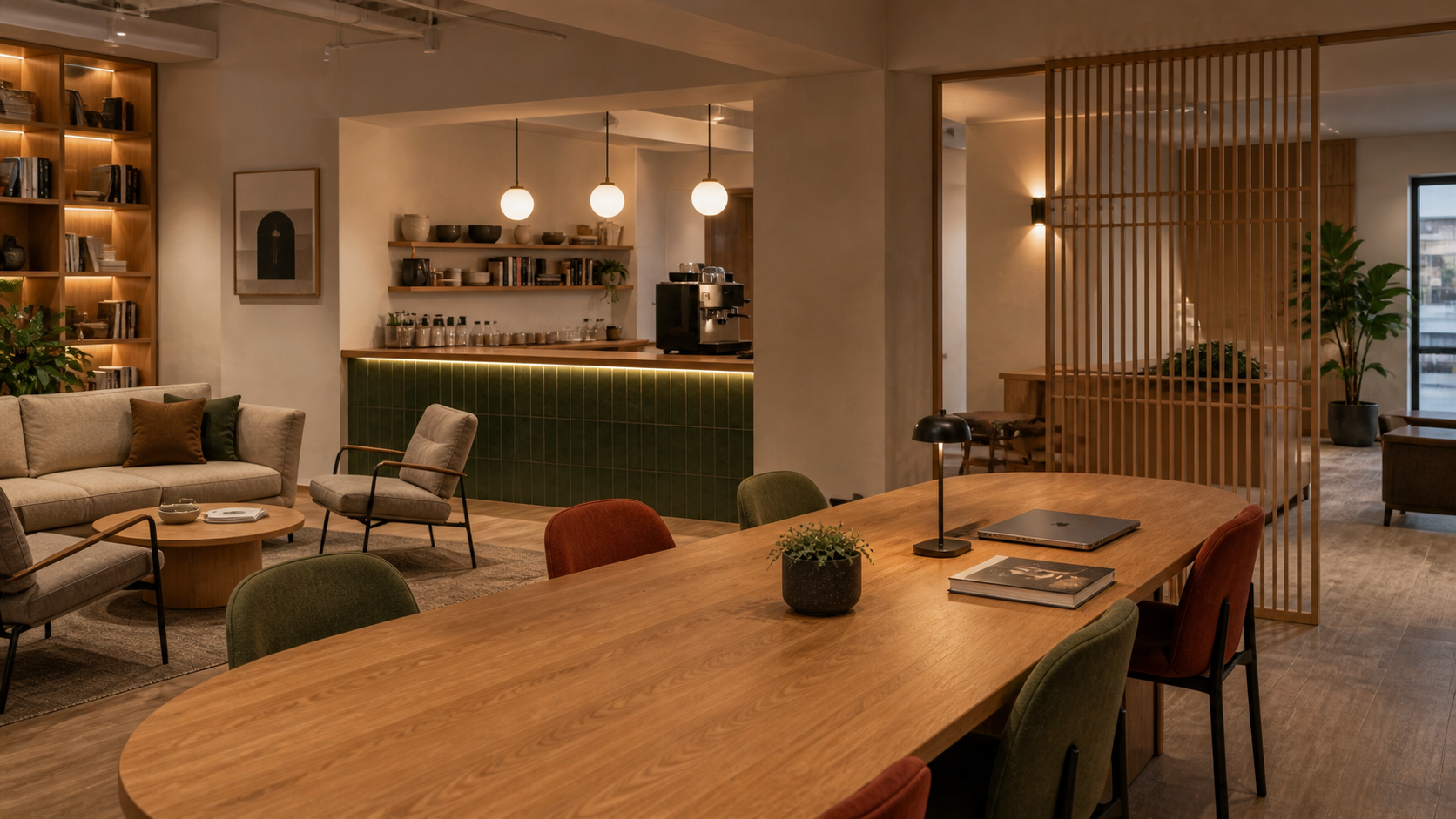 Common room with café counter, lounge seating and a long study table