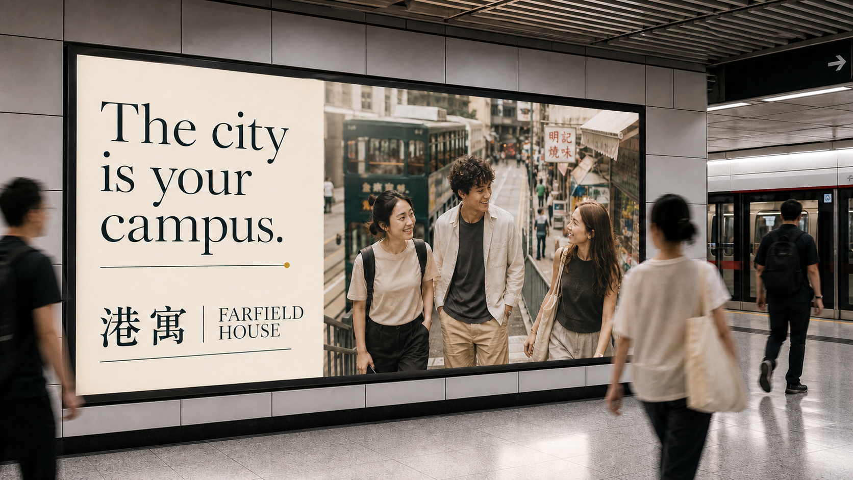 MTR platform advertisement reading The city is your campus for Farfield House