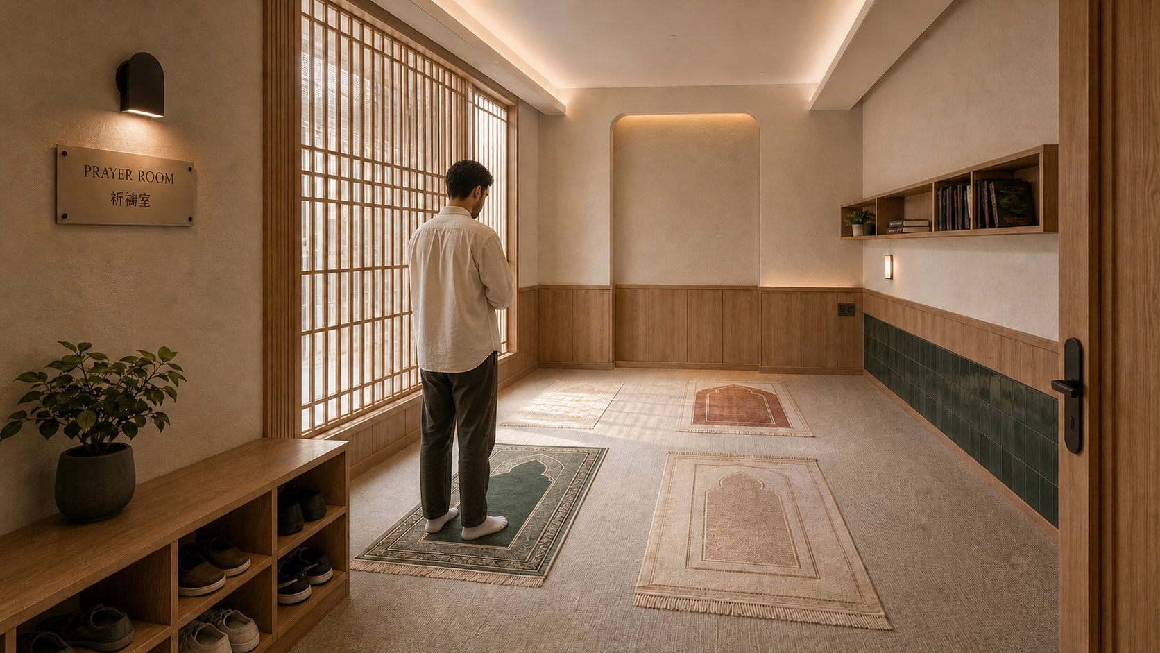 Prayer room 祈禱室 with timber screens and prayer mats